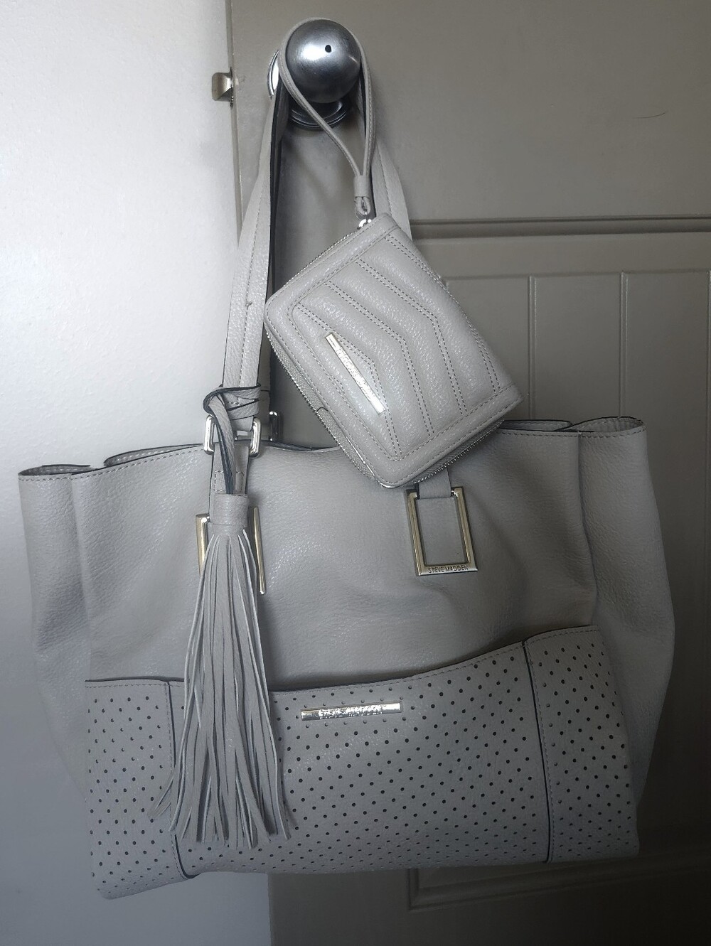 Steve Madden Light Beige Perforated Tote with Tassel and Detachable Pouch